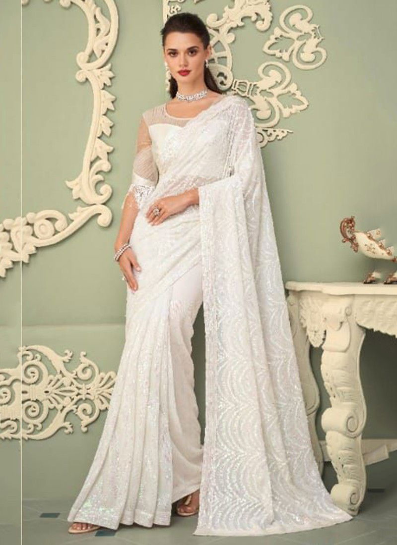 White Colour Sparkle TFH New Latest Designer Party Wear Smooth Georgette Saree Collection 7208